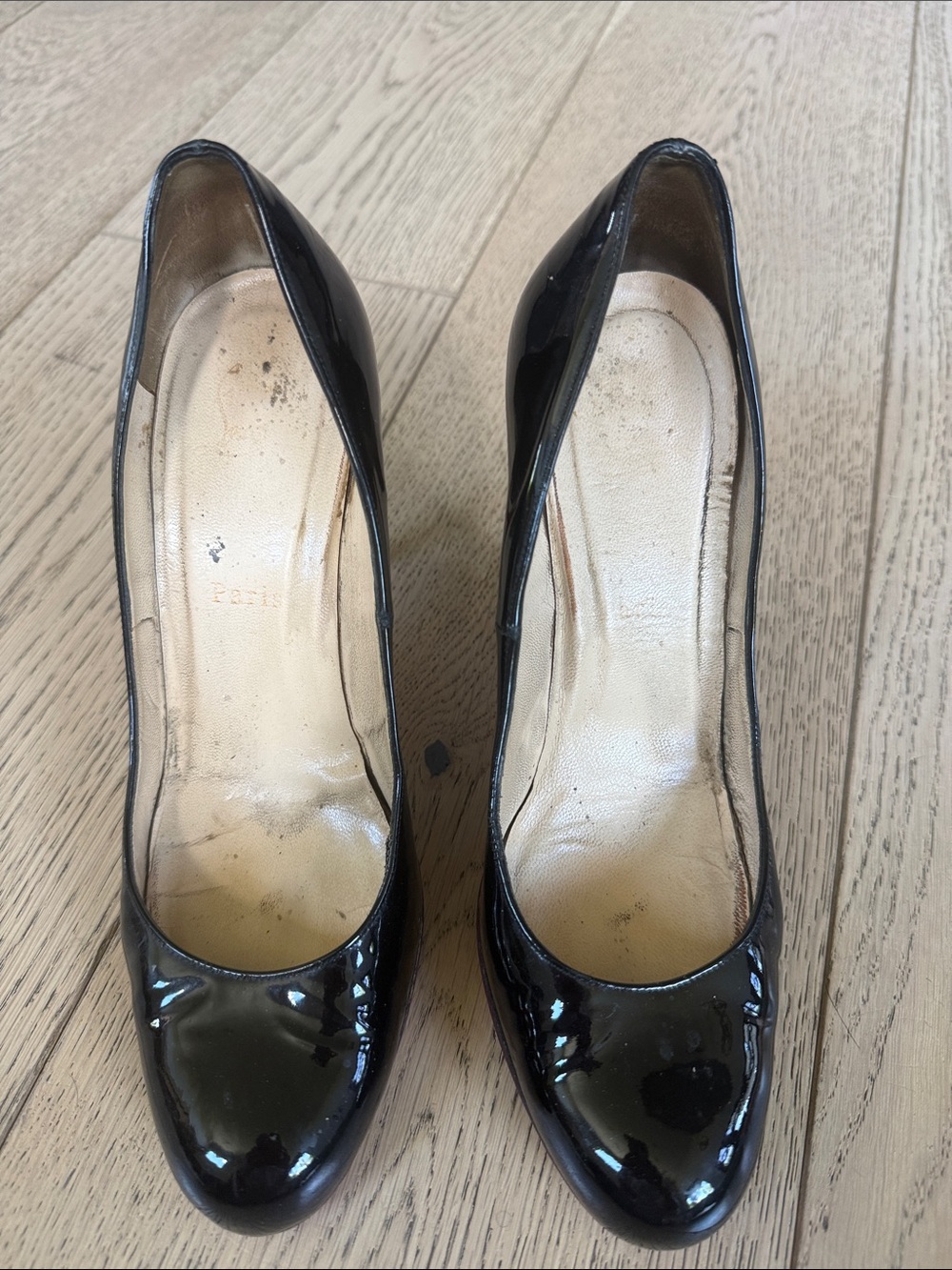 Christian Louboutin Black Patent Leather Round-Toe Pumps